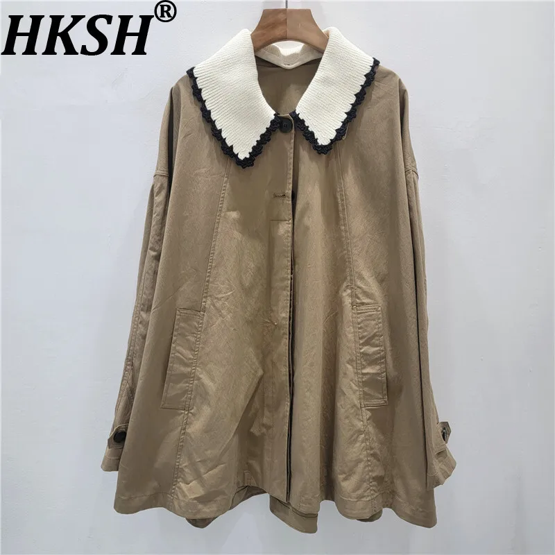 

HKSH весенне-осенний новый женский плащ с кукольным воротником, вязаная накидка большого размера с цветными блоками, милая ветровка, элегантная куртка HK13145