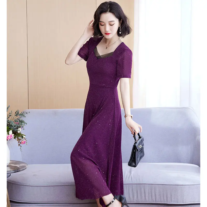 Neues Sommer-Kurzarm-Mesh-Temperament-langes Kleid für Damen mit taillierten langen Kleidern