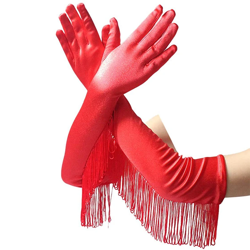 Vintage Long Opera Pageant Gloves Tassel Satin Glove Elbow Fringe Glove Fashion Party Glove Costume for Women and Girls