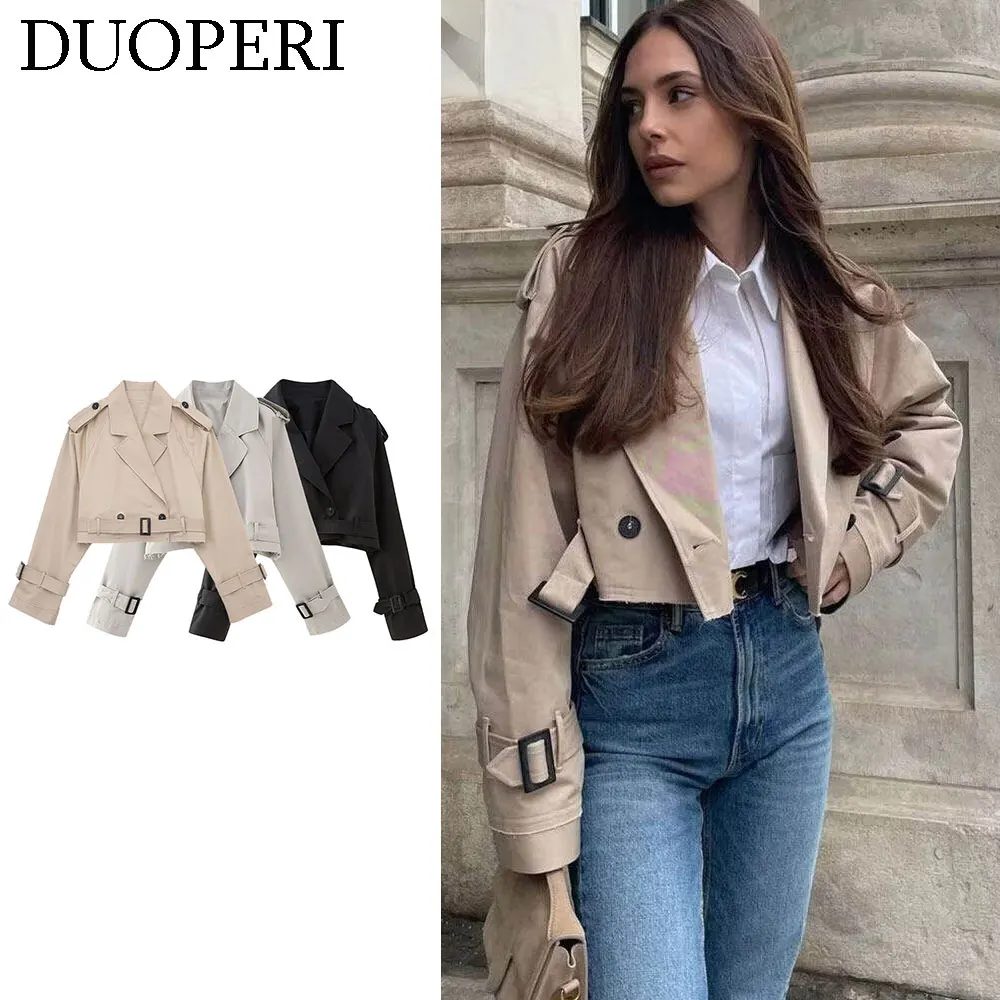 DUOPERI Women Fashion Casual Jacket Notched Collar Long Sleeves Waist Belt Female Chic Lady Casual Outwear Short Overcoat