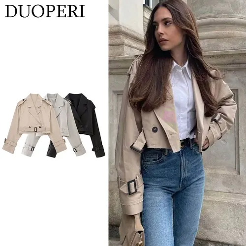 Imagen 1 del producto DUOPERI-Chaqueta informal para mujer, abrigo corto de manga larga con cuello con muescas, cinturón de cintura, prendas de vestir a la moda