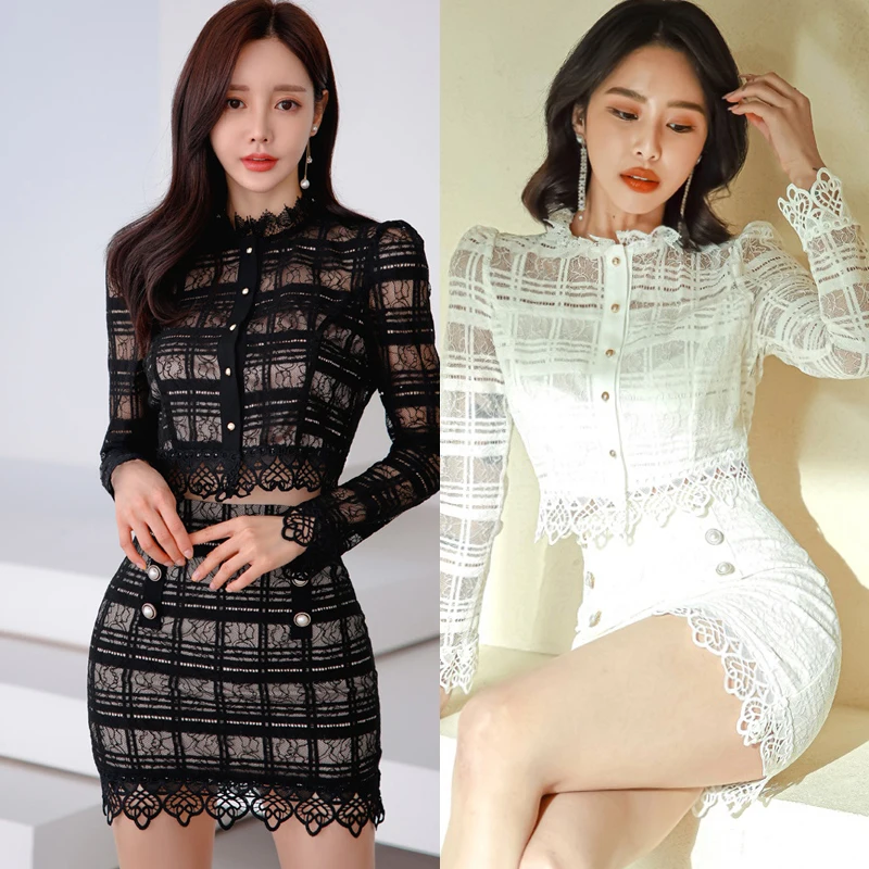 ผู้หญิง2023ฤดูร้อน2ชิ้นชุด Hollow Out ผู้หญิง Outifits ผู้หญิงชุดเดียว Breasted Lace Up Tops + Mini กระโปรงดินสอ