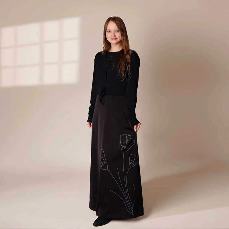 

Maxi dress A-line sleeveless women's satin dress flowers elements matching ribbed cardigan sweater v-neckline sizes XS-XXXL