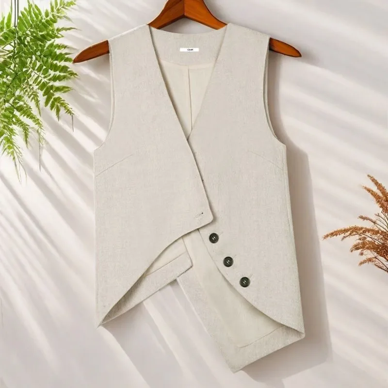 

2025 New Women Spring Summer Asymmetrical Suit Vest Female V-neck Slim Commuting Vests Sleeveless Top Buttons Black Outerwear