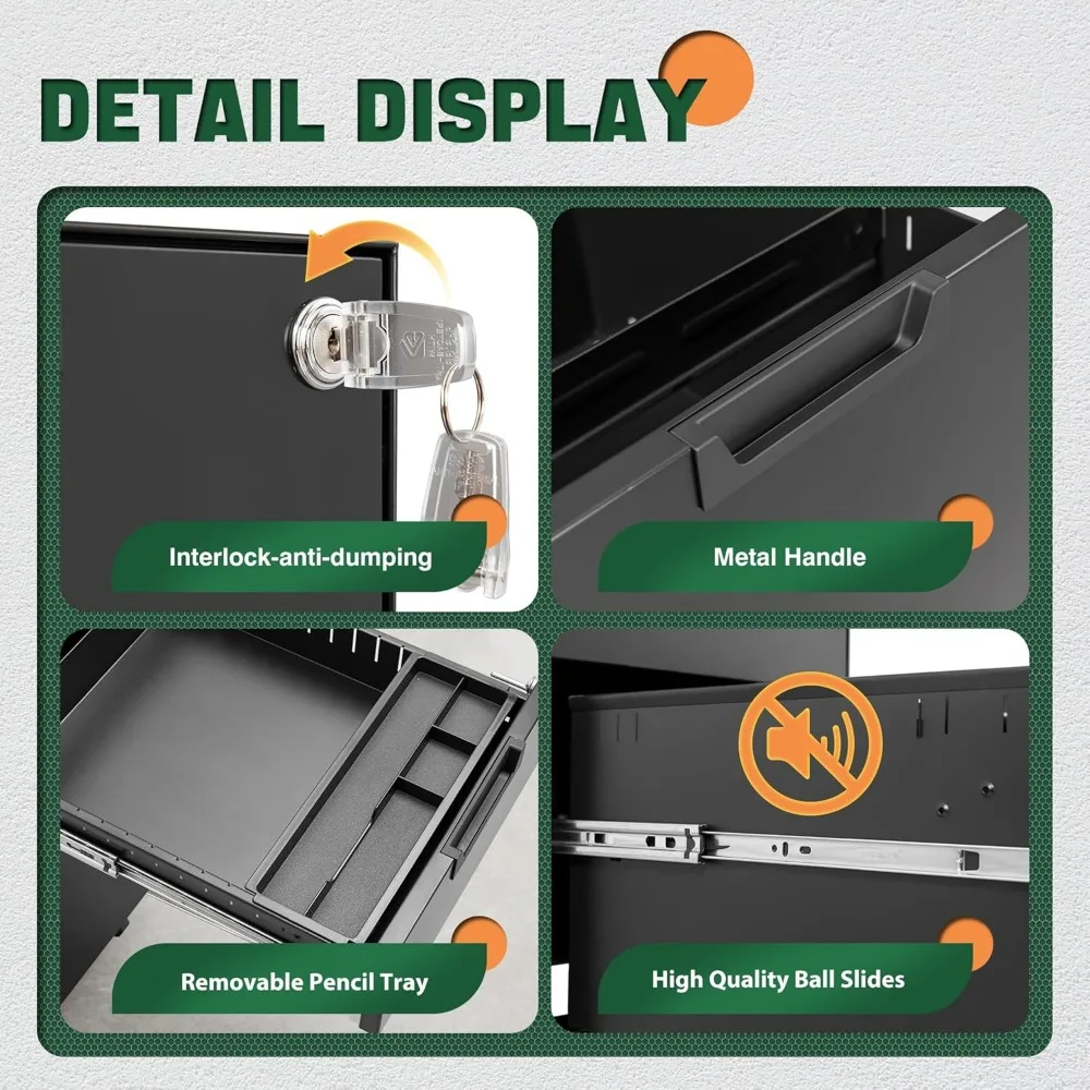 Mobile 3-Drawer Metal File Cabinet with Lock for Home Office, Under Desk Organizer for Letters, Legal, A4 Files