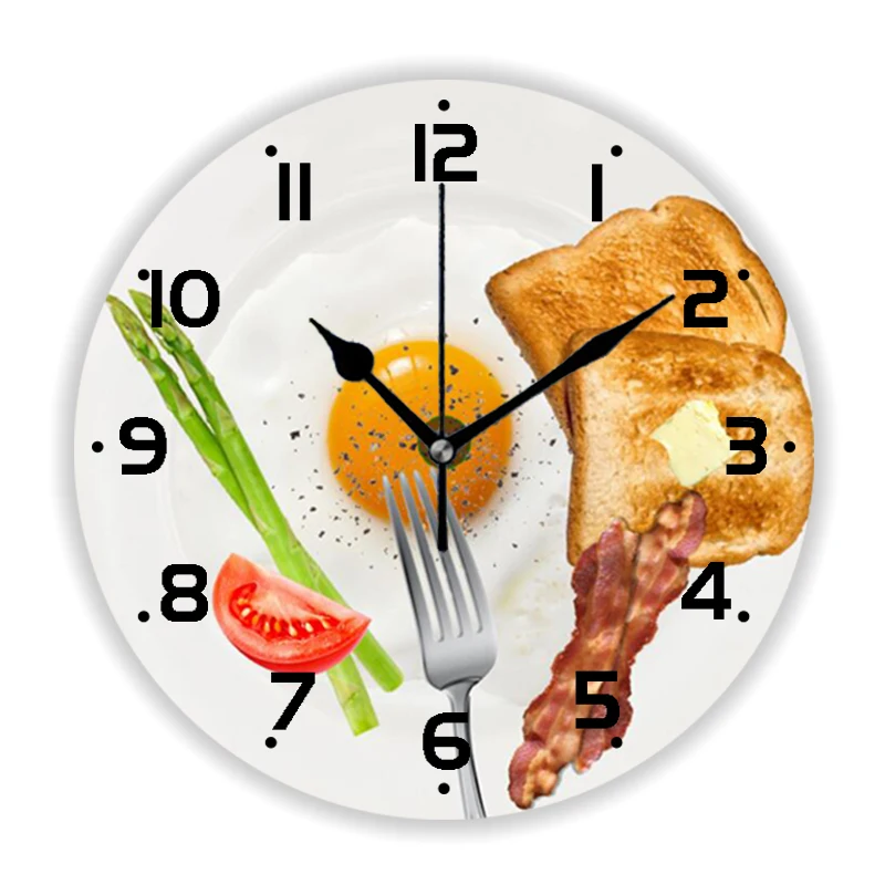 Yummy Fried Eggs and Bacon Breakfast Wall Clock for Kitchen Dining Room Food Round Large Wall Watch Home Decor Chef Gift 35cm