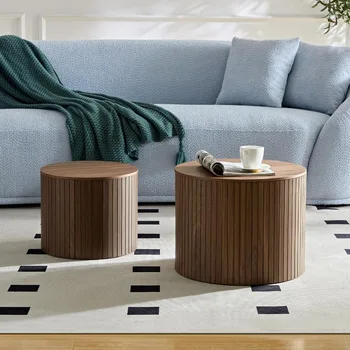 Image Modern circular wooden coffee table with ample storage space and natural wood veneer, suitable for small living room apartments