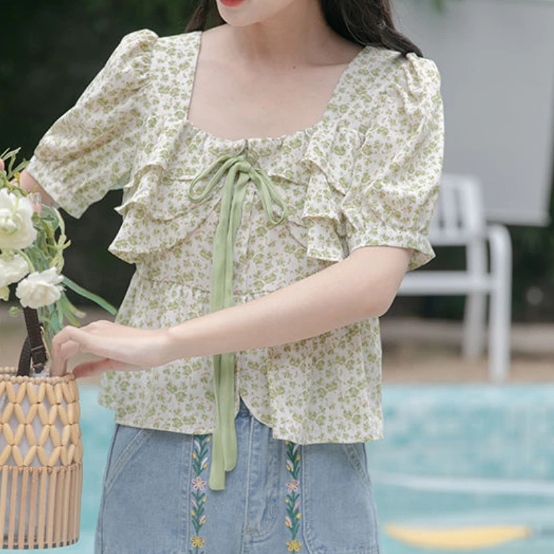 Blouses Women Floral Lovely Stylish Bandage Daily Casual Square Collar Ulzzang Colleges Temperament Simple  Summer Clothes