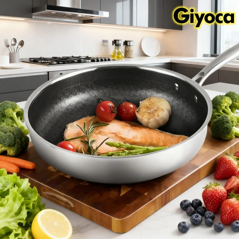 Giyoca مقلاة غير لاصقة من الفولاذ المقاوم للصدأ على شكل قرص العسل وعاء غير لاصق غير مطلي مقلاة عميقة وعاء ستيك مقلي مقالي للمطبخ #1