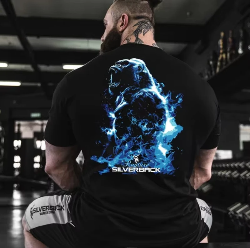Men's 100% Cotton Gym T-Shirt, Bold Silverback Inspired Print Workout Tee, Casual Streetwear for Fitness Training