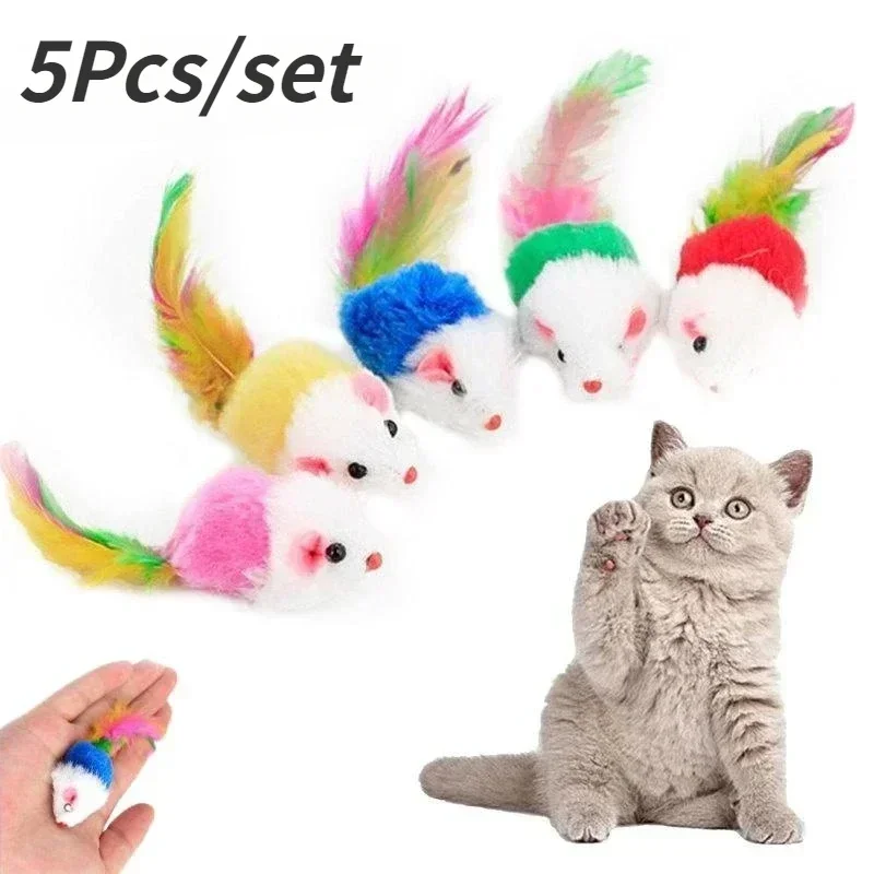 5Pcs/set Colorful Feather Cat Toys Soft Fluff Fake Mouse Toy Cat Kitten Interactive Toys Pet Supplies Random Color