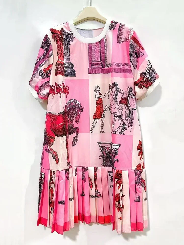 Ontworpen retro geometrisch bedrukte T-shirtjurk met ronde hals, zomerjurk voor dames, modieuze geplooide losse gezwollen rok