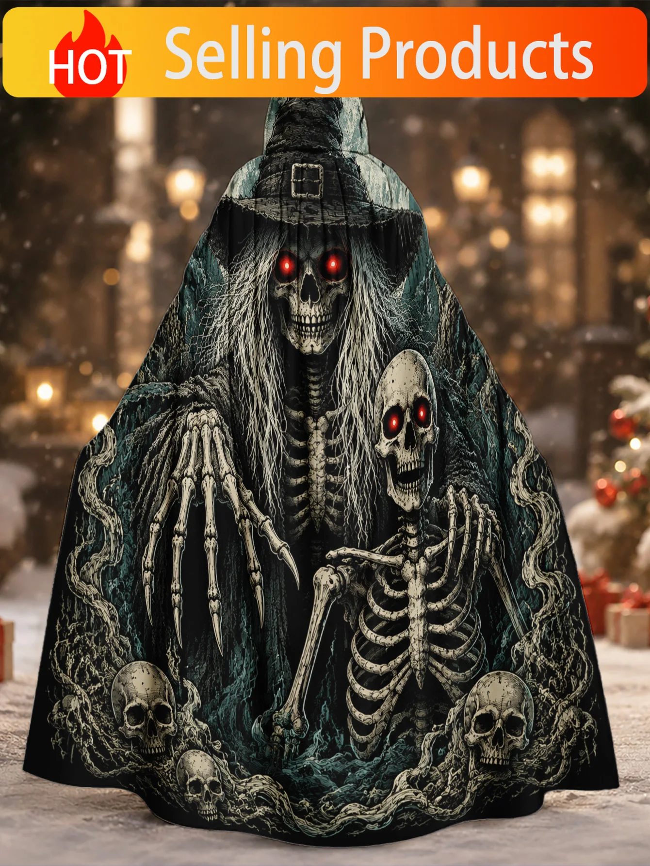 A Unisex Halloween and Christmas Cape Featuring Halloween Witch and Skull Prints, a Long Hooded Cloak Suitable for Both Men and