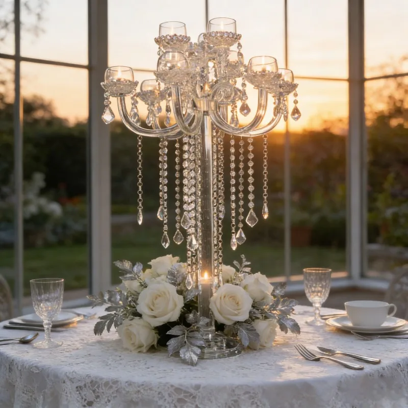 Hot Sale Crystal Beaded Wedding Candle Holder Luxury Crystal Candelabra Wedding Centerpieces Crystal Candelabra Glass Hurricane