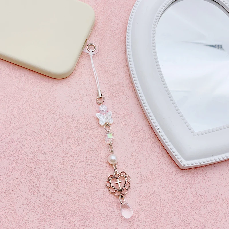 Y2K Aesthetic Hollow Love Butterfly Phone Lanyard Ins Style Beaded Phone Chain Keychain Bag Pendant Earphone Case Charms