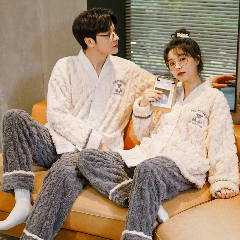 Autumn Winter Thicked Thermal Velvet Pajamas Set for Couple Kawaii Kimono Style Lovers Sleepwear Man Woman Plaid Flannel Pijamas