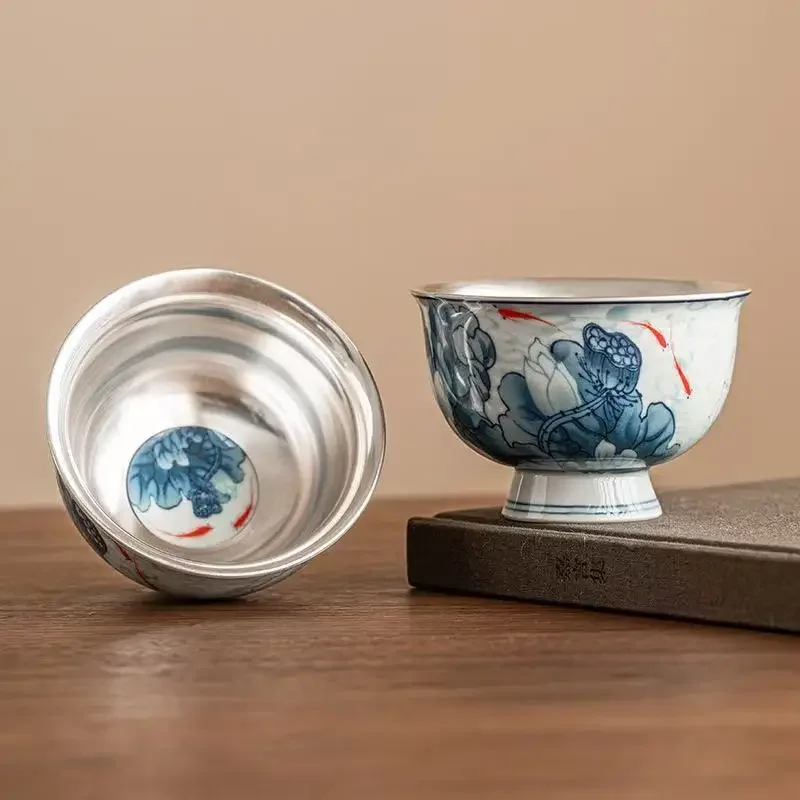 80ML Fish Play Green Lotus Teacup High-end Hand-painted 999 Silver Master Cup Chinese Household Kung Fu Tea Set TeaCup Gift Box