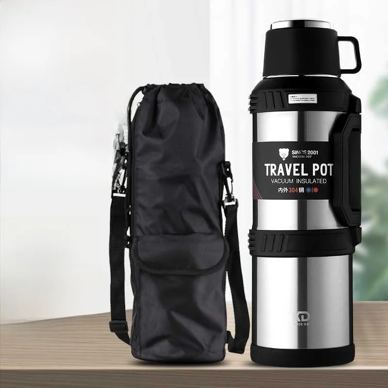 

4л изолированная бутылка для воды из нержавеющей стали, мужская термопот для путешествий на открытом воздухе, полностью стальной корпус, чашка с двойной крышкой для использования в автомобиле