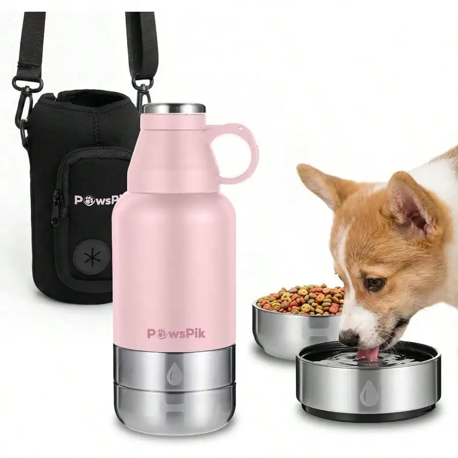 

32oz 3-In-1 Travel Dog Water Bottle & Bowl Set – Stainless Steel Vacuum-Insulated Bottle With Detachable Food & Water Bowls, Leak-Proof, Keeps Water Cold 12hrs/Hot 6hrs (Cherry Blossom Pink)