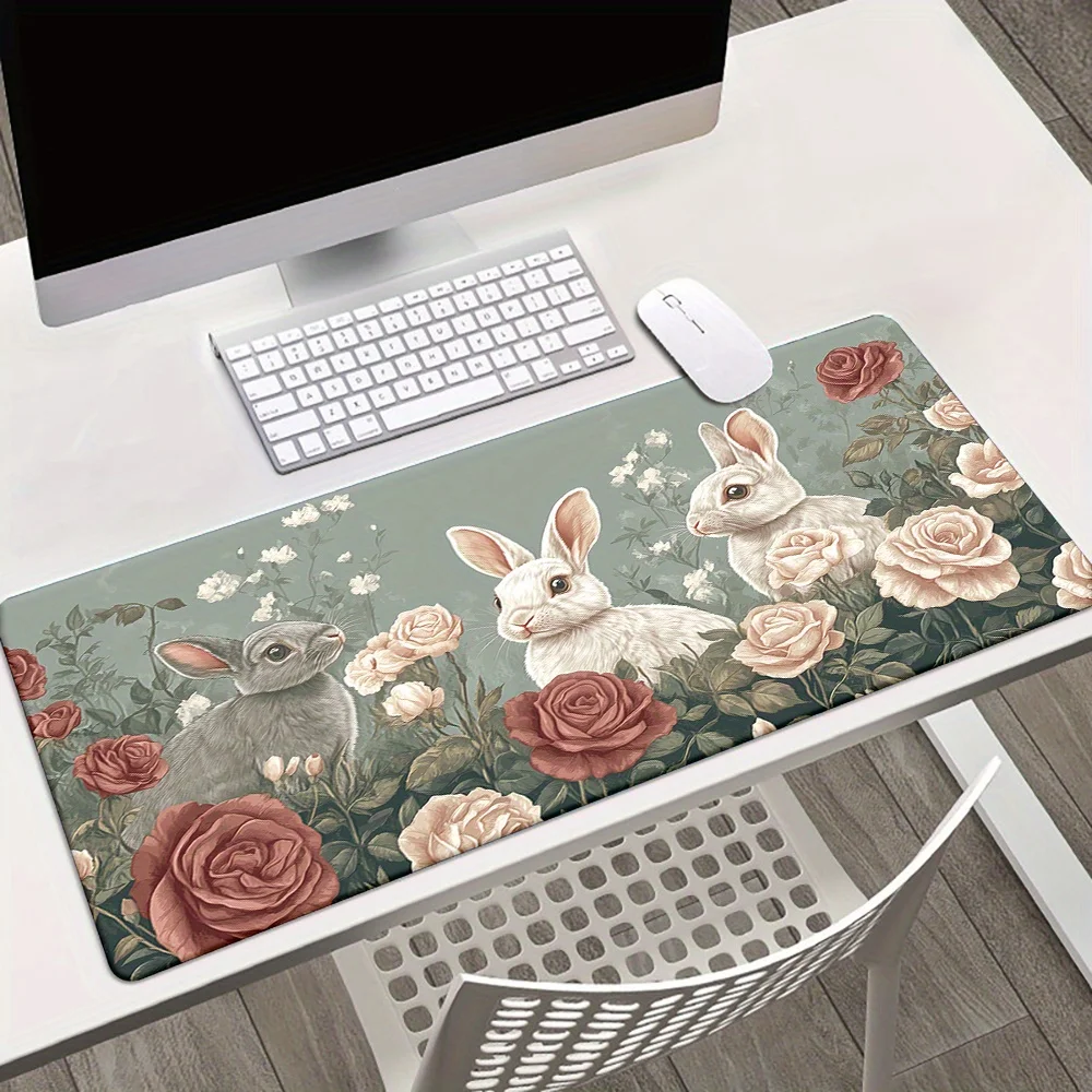 

1pc Pink Rose Flowers Cute Bunny Light Colors Mousepad, Natural Rubber Waterproof Anti-Slip Office Mouse Mat, Office Computer PC