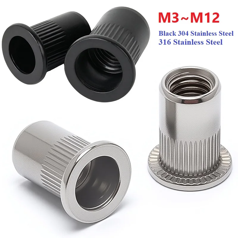 Blind Rivet Nut Black 304/316 Stainless Steel M3~M12 Flat Head Knurled Rivet Nut Threaded Insert Nuts