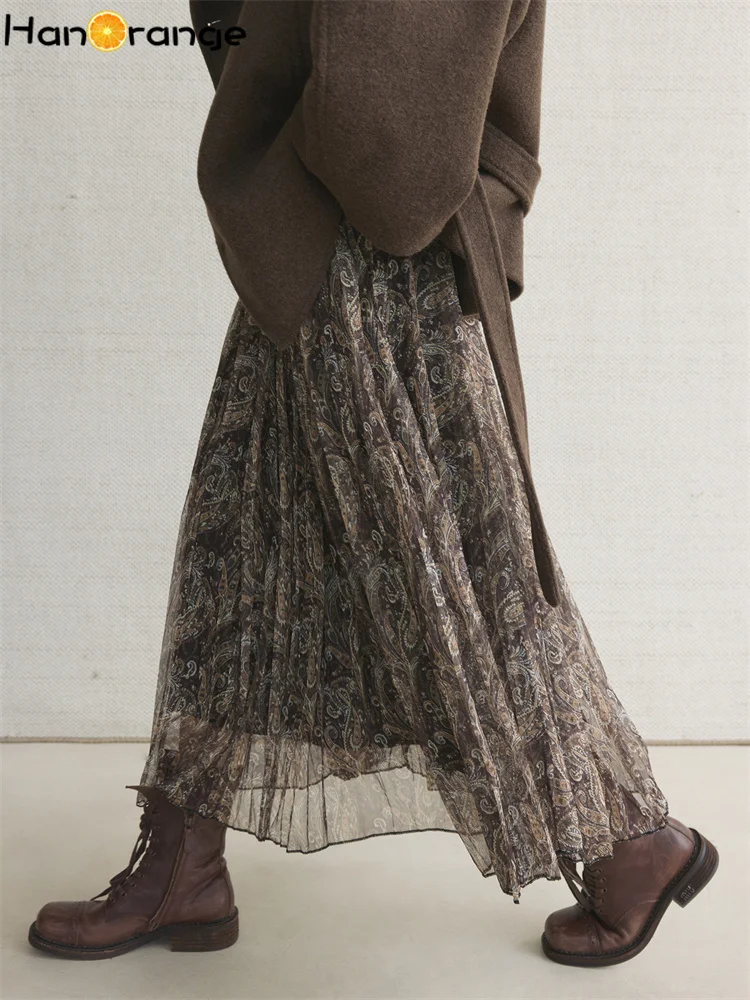 Hanorange 2026 início da primavera vintage cintura alta paisley padrão saia dobrada grande balanço a linha saia longa café/azul