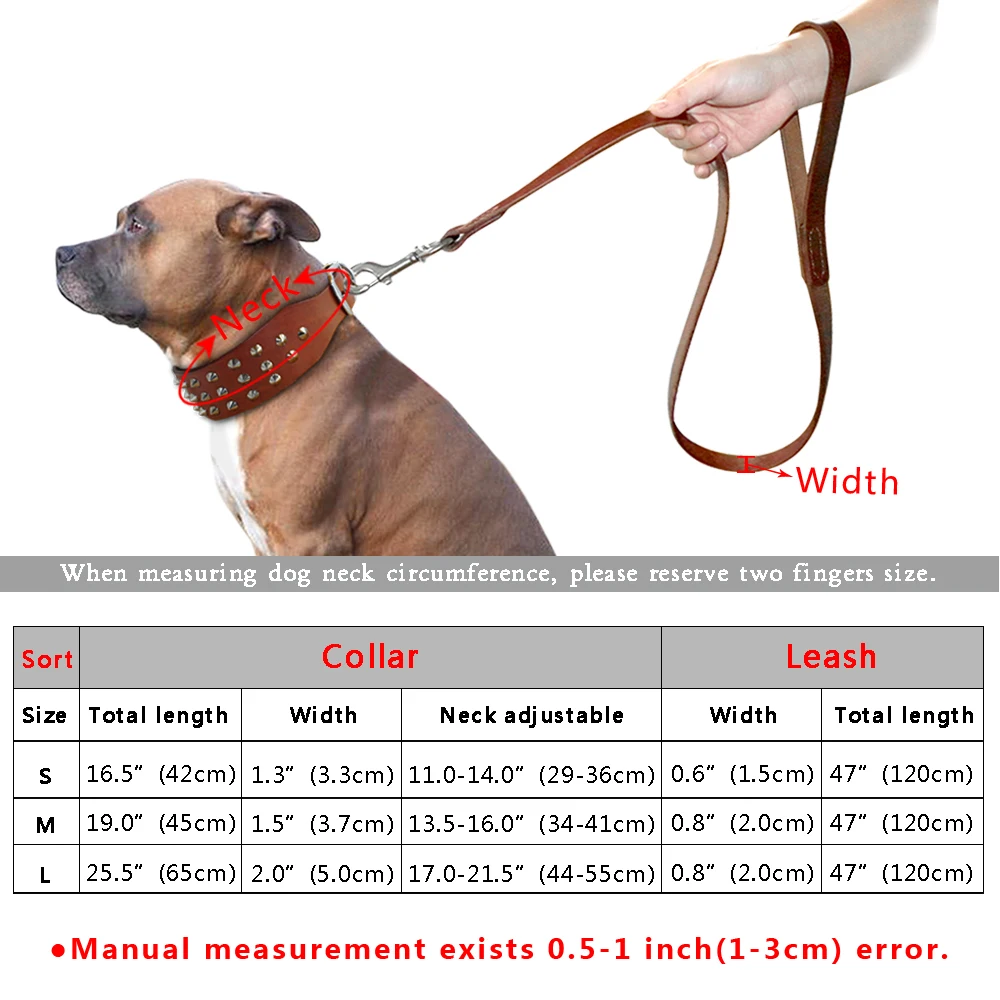 Cool Studded Genuine Leather Pet Dog Collars Leash Set For Medium Large Dog Pitbull  Boxer Bulldog S M L  Black Brown