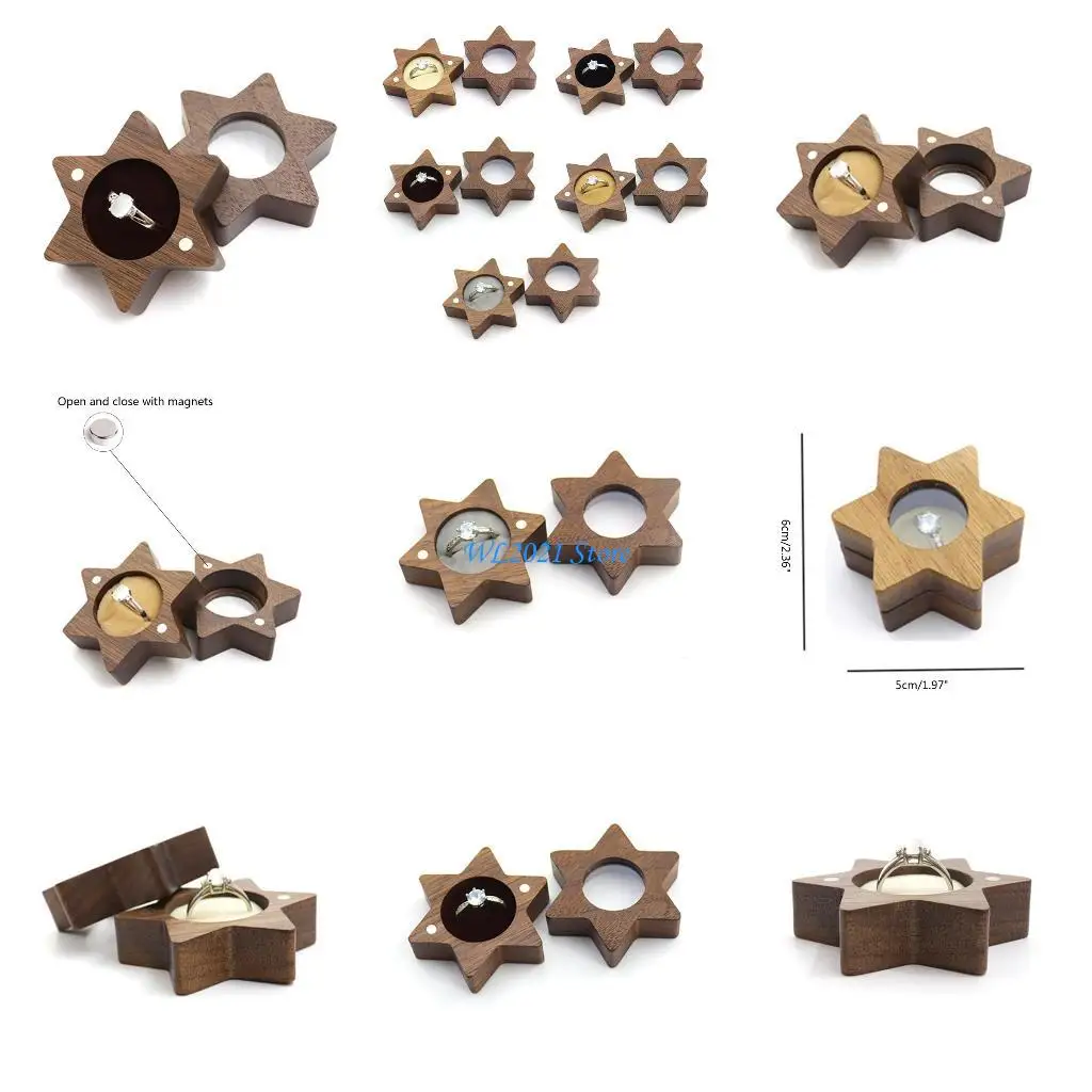 

G5GC Ring Holder Box Jewelry Box Favor Gift 6 Pointed Star Walnut Ring Jewelry Box