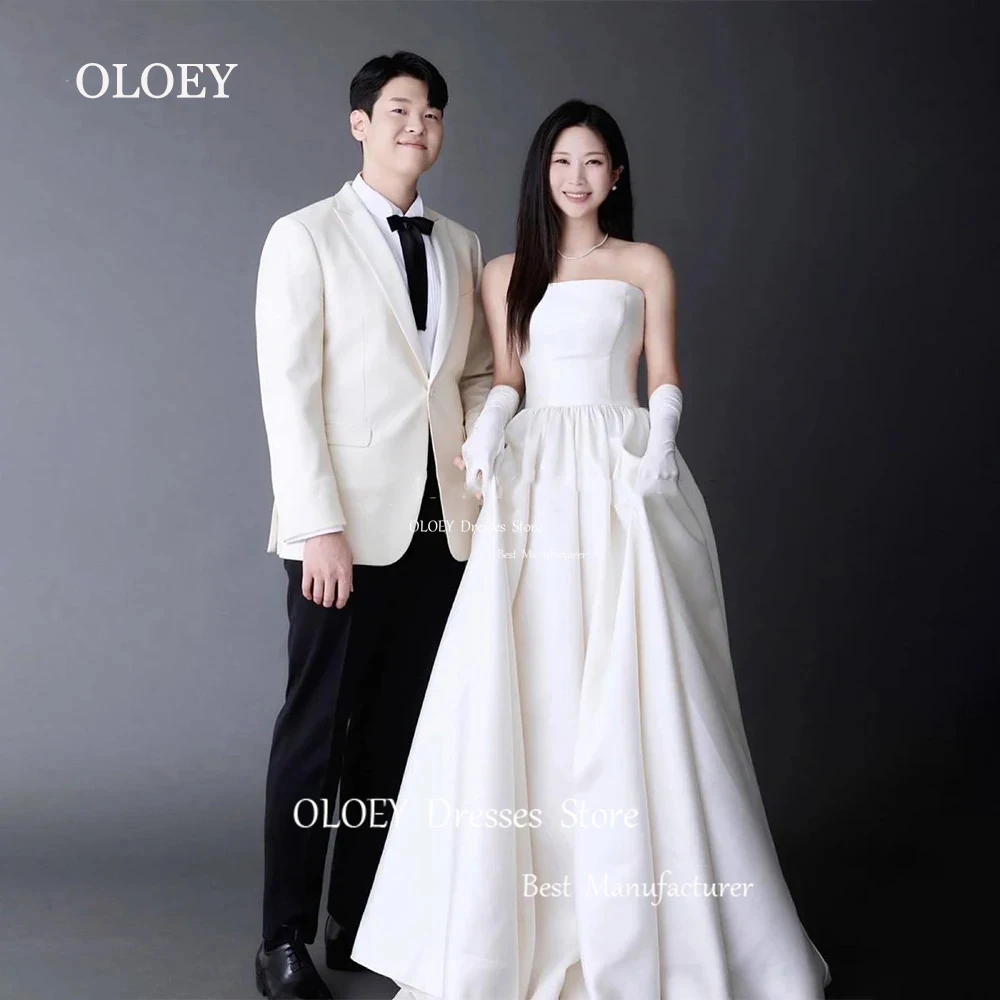 

OLOEY Simple A Line Satin Strapless Korea Wedding Dresses Photoshoot Pleats Floor Length Ivory Bridal Gown Corset Back Custom