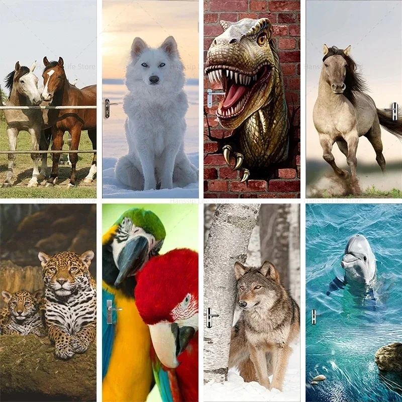 

3D Animal Door Sticker PVC Vinyl Waterproof Self-adhesive Poster Bathroom Wardrobe Sliding Door Decorative Sticker Wallpaper