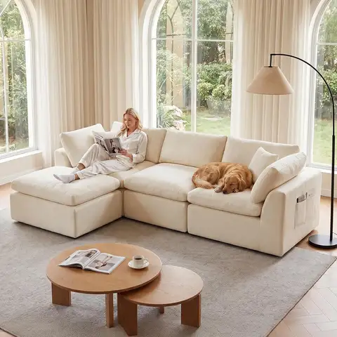 110'' L-Shaped Modular Sectional Sofa With Ottoman, 4-Piece Boneless Chenille Couch, Memory Foam Deep Seat, Beige, No Assembly, Flexible