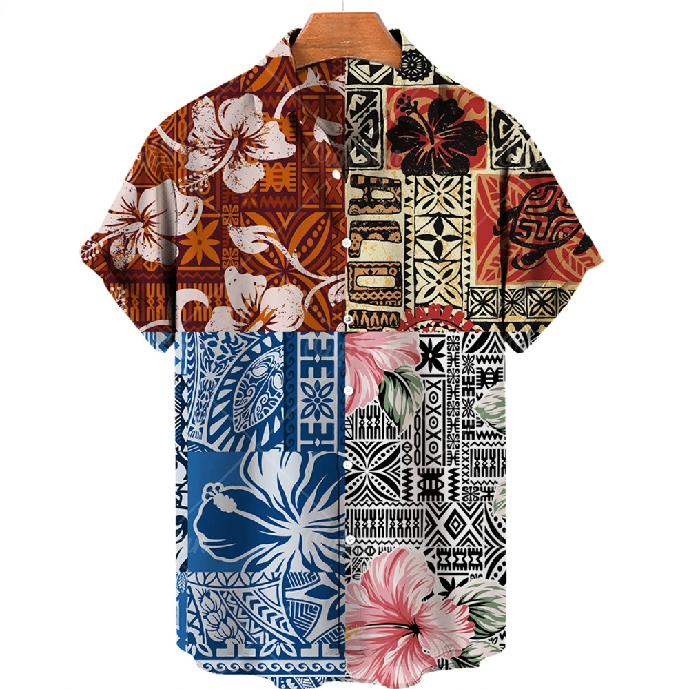 2022 Men's Hawaiian Shirt Ethnic Pattern Patchwork Top Casual One Button Short Sleeve Versatile Printed Large Size Shirts y2k 3
