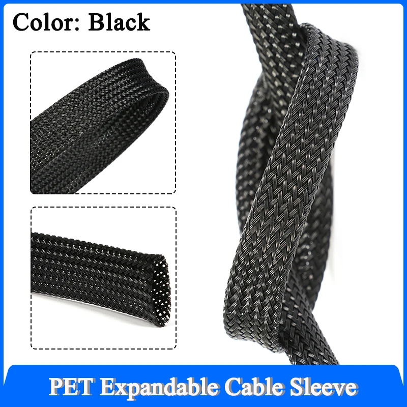 1~50m Black PET Braid Sleeve 2/4/6/8/10/12/14/16/20/25/30/35/40/50/60mm High Density Insulated Snake Skin Cable Wrap Sheath