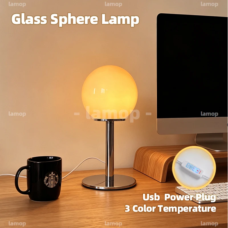 Perfect‑Round Sphere Glass Table Lamp,Diffused Soft Ambient Light,California Casual Lamp for Apartment Living Side Table