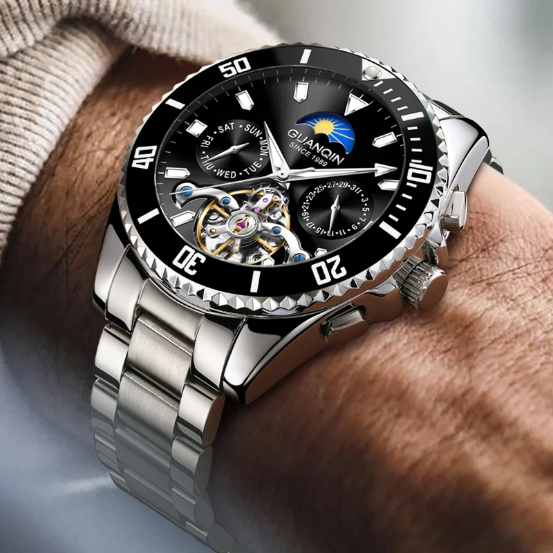GUANQIN Роскошные механические часы для мужчин с автоподзаводом и турбийоном, вращающийся безель, неделя, дата, бизнес-досуг, 30 м, водонепроницаемые