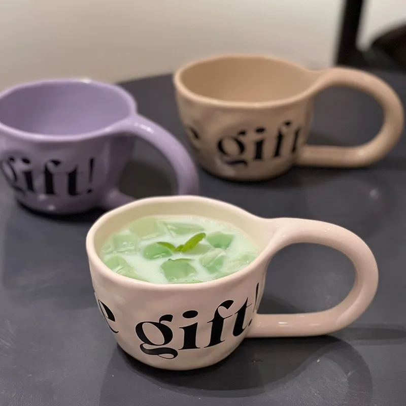 

350ml Hand Pinched Irregular Coffee Cups English alphabet Pattern Ceramic Mug Large Handle Milk Oatmeal Cup Home Water Cup