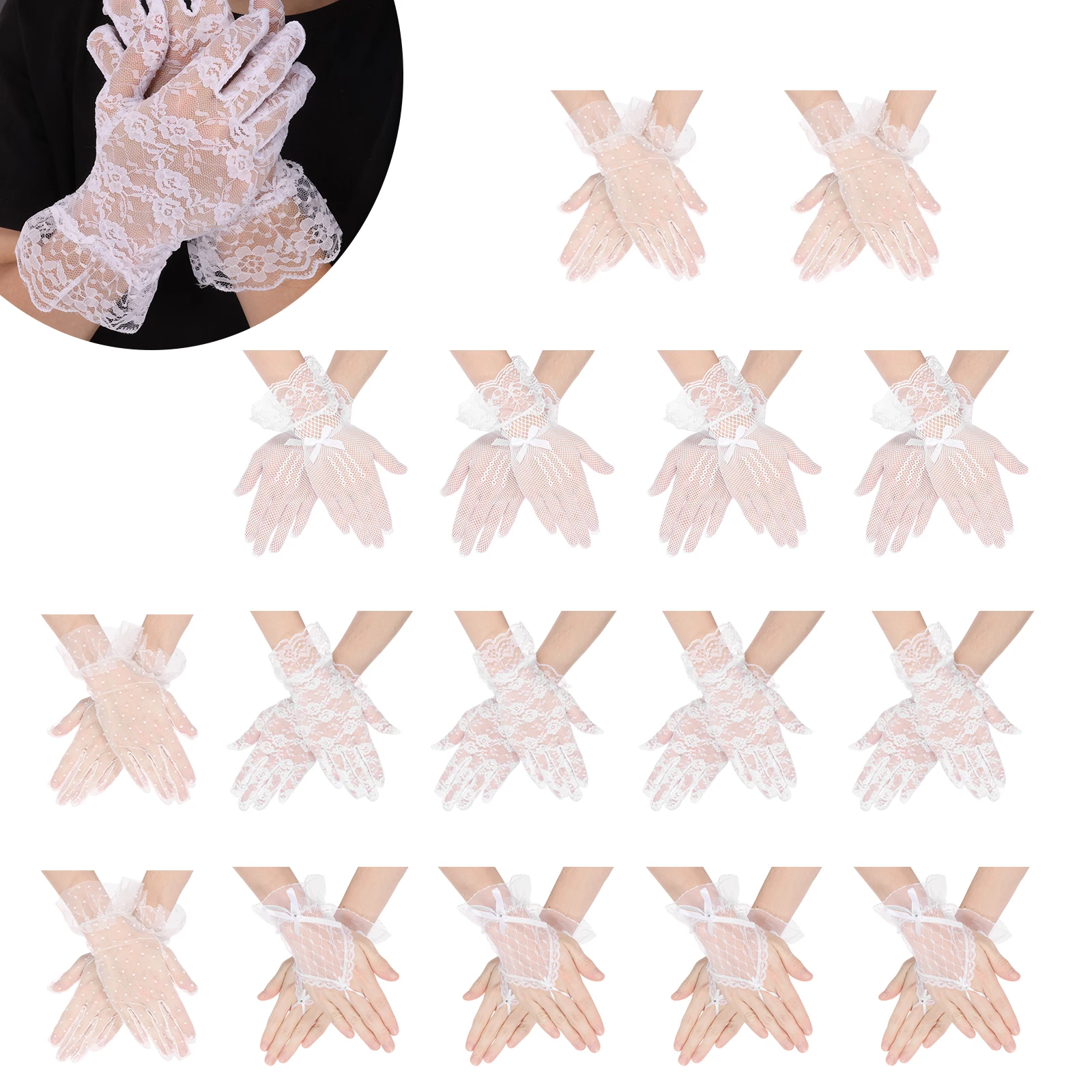 

16 пар белых кружевных перчаток из полиэстера, дышащие женские кружевные перчатки, удобные винтажные сетчатые перчатки для вечеринок, банкетов и свадеб