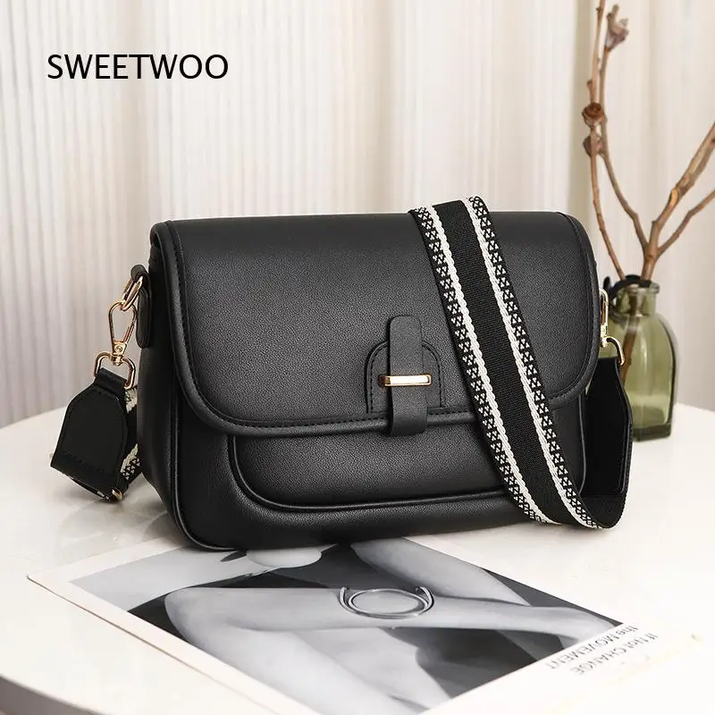 Vintage Black Flap Shoulder Bag For Women Removable Striped Wide Strap Crossbody Handbag