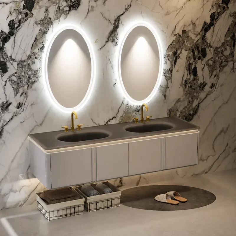Modern Double Basin Bathroom Cabinet with Glass Integrated Sink and Smart Beauty Mirror Combined Washstand