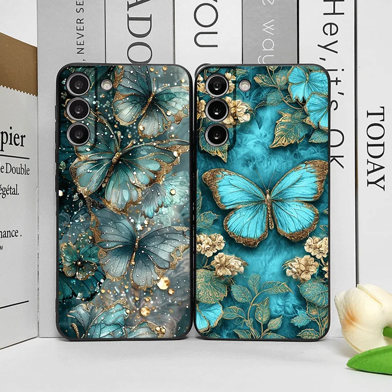 Ciemnozielone etui na telefon z wzorem motyla do Samsung Galaxy A56 A42 A13 A14 A55 A16 A54 A36 A53 A52 A51 Floral Frosted Soft Cover