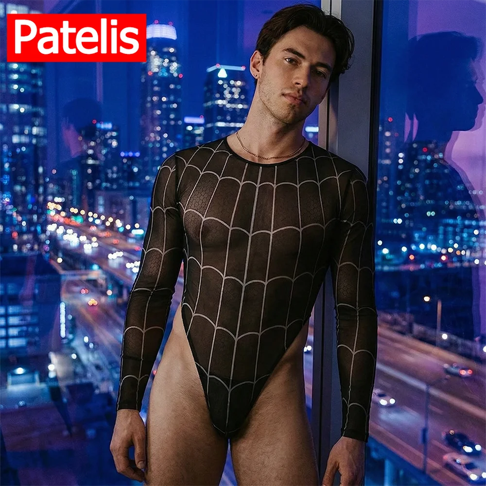 Men Thong Jumpsuit Sexy Lingerie High Cut One-Piece Long Sleeve Jumpsuit Stretchable Adult Exotic Costumes BDSM Fetish Sissy Gay