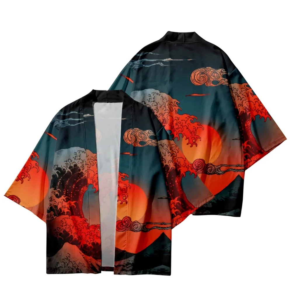 Japanese Kimono Men's Fashion Elegant Sunmoon Tonghui Print Traditional Short-sleeved Beach Shirt Women's Cardigan Casual Kimono