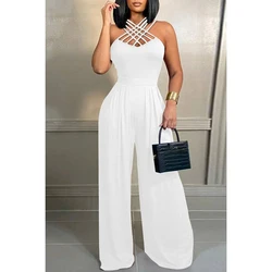 Plus Size White Casual Daily Hollowed Out V Neck Strappy Sleeveless Regular Jumpsuits