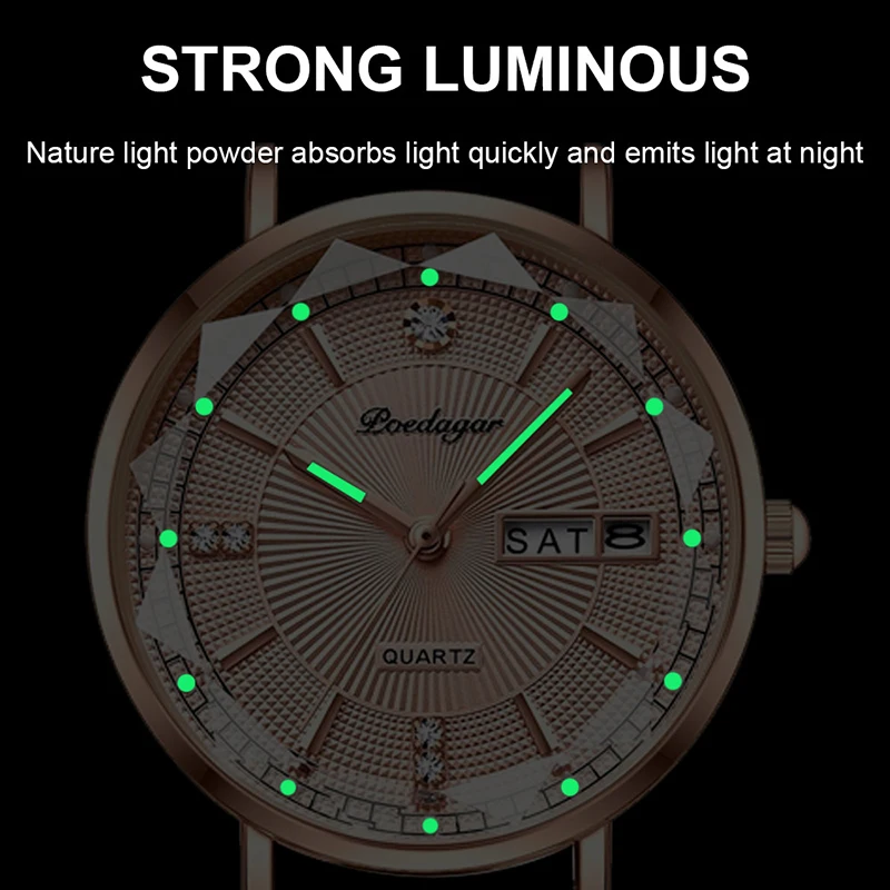 POEDAGAR Nova Chegada Mulheres Marca Relógio Moda Diamante Dial Luxo Luminoso Aço Inoxidável Senhoras Quartz Relógios Rose Gold 2023