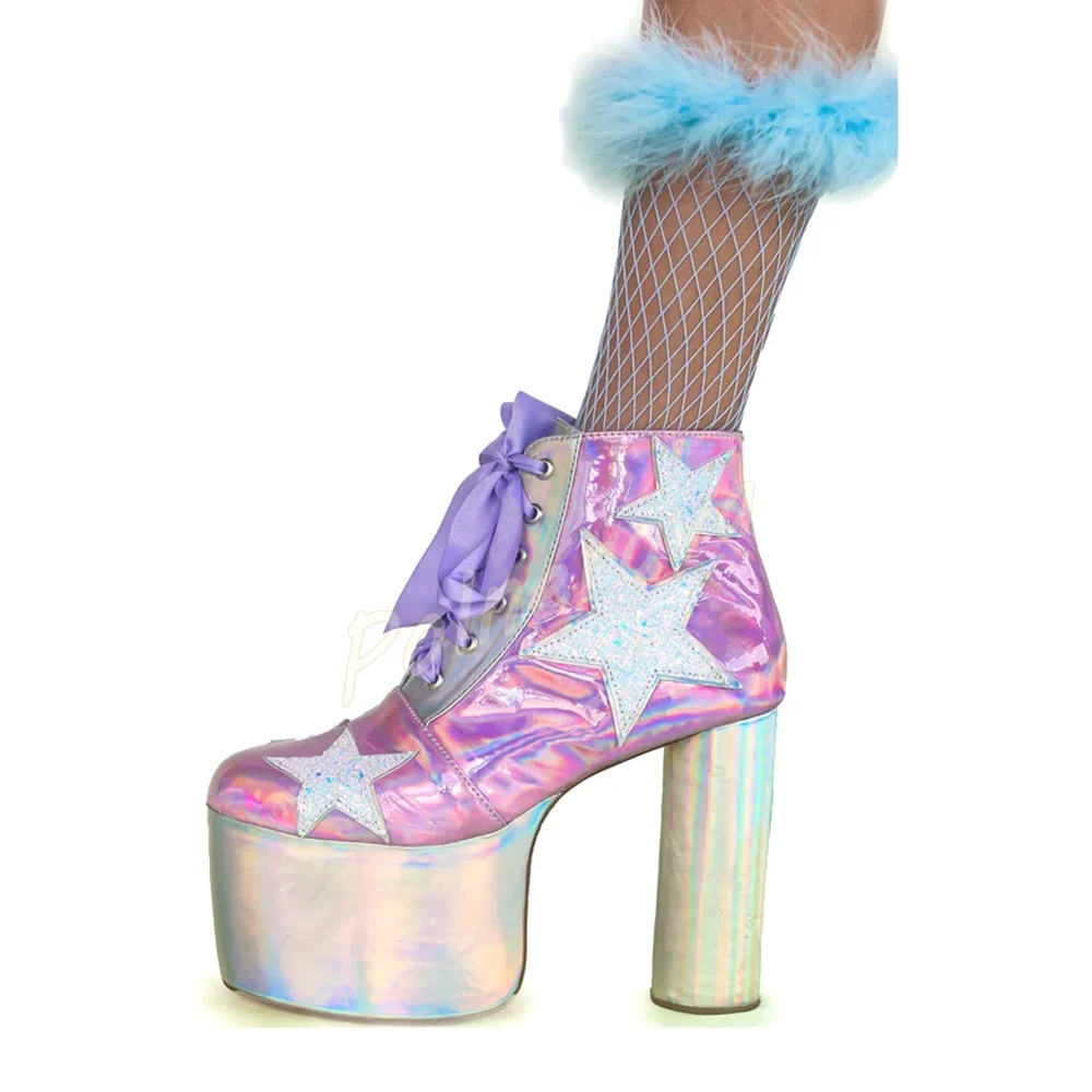 Women Holographic Platform Ankle Boots Glitter Star Patch Satin Ribbon Lace Up Shoes Chunky Block Heel Winter Party Short Boots