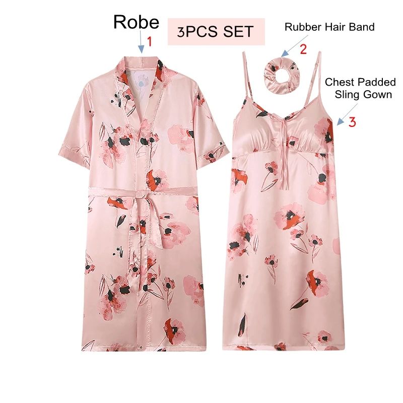 3PCS Luxury Faux Silk Nightgowns Women Bathrobe Plus Size M-4XL Belted Robes Elegance Floral Sexy Sling Woman Bra Pad Nightdress