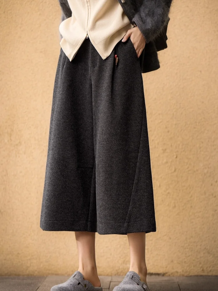 Birdtree الصوف المخلوطة واسعة الساق السراويل، امرأة الصلبة بناطيل كاجوال، نمط التنقل، 2025 الخريف الشتاء السراويل المستقيمة P5N716JF #6