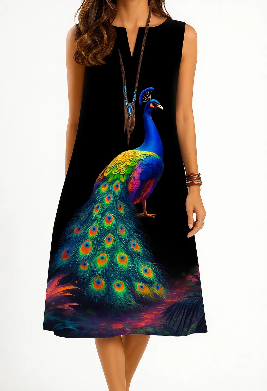 Kurt women's fashionable and elegant long sleeved straight tube casual V-neck peacock pattern luxurious new dress.