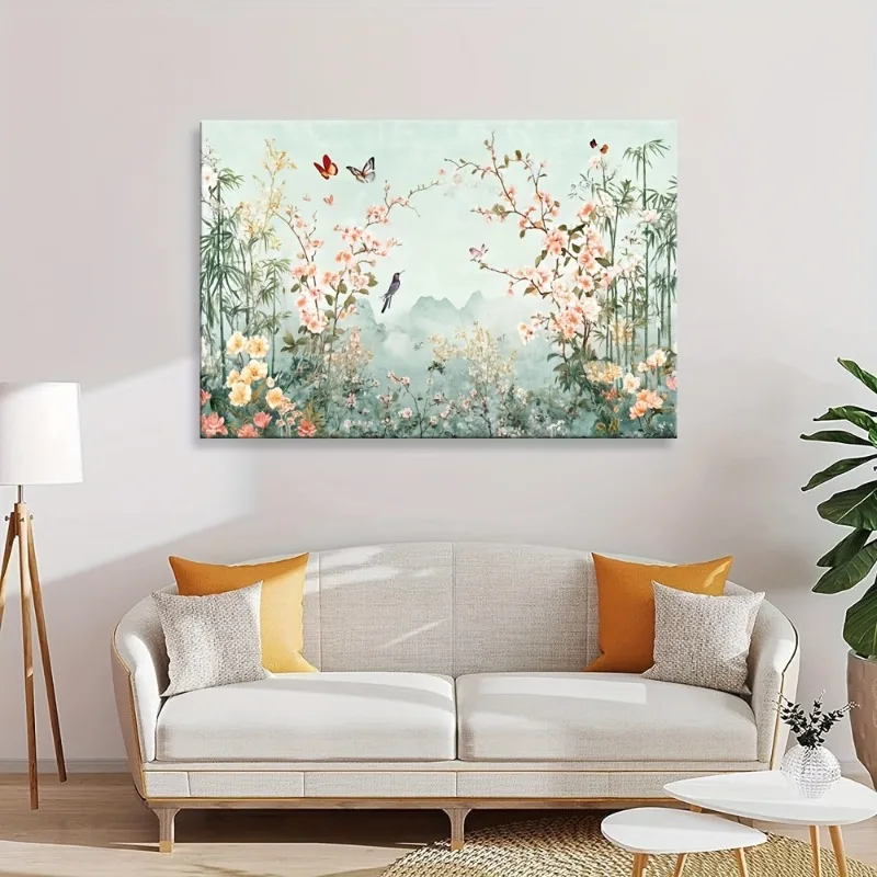 

Flower and Bird Wall Picture Coastal Canvas Print Vintage Artwork Small Country Bathroom Bedroom Living Room Office Wall Art