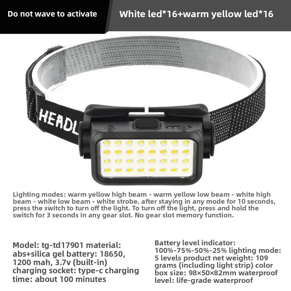 كشاف أمامي LED من النوع C مزود بمستشعر حركة للشحن - محمول فائق السطوع للصيد الليلي والجري والتخييم في الهواء الطلق